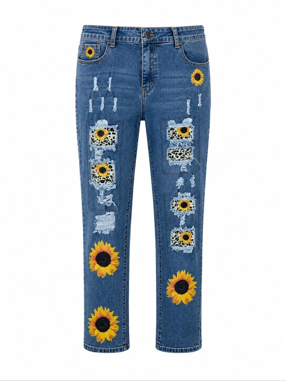 Size 12 Lrg Distressed Boyfriend Jeans Sunflower Leopard Patchwork Stretch Denim - Picture 3 of 7